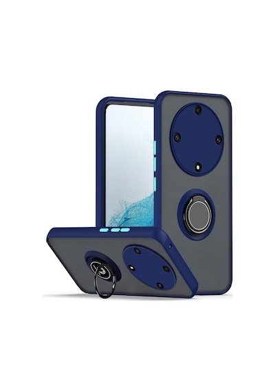 Honor Magic 5 Lite Uyumlu Kılıf Yüzüklü Standlı Extra Darbe Koruma Sert Silikon Kapak-lacivert Lacivert