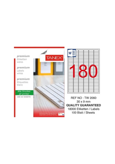 Tanex TW-2060 30x9mm Kuşe Laser Etiket 100 Lü Paket