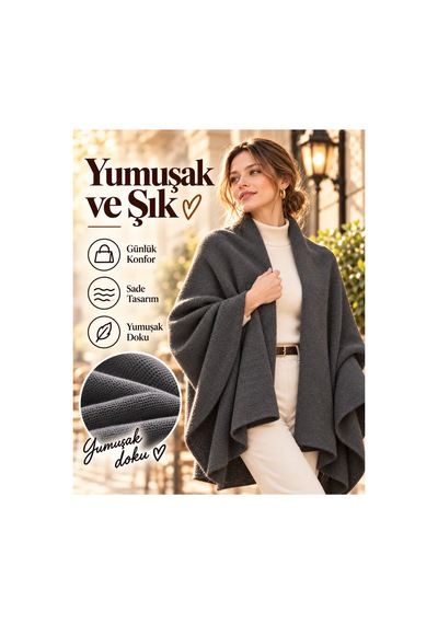 Comerciante Füme Düz Triko Kadın Omuz Şalı Yumuşak Dokulu Kışlık Şal 70x175 Cm %100 Akrilik Füme - 930337046 Füme
