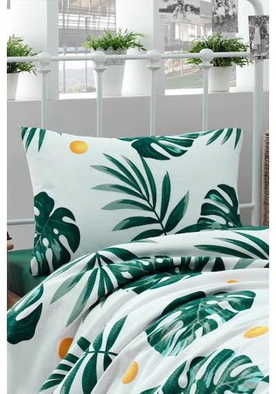 Eponj Home Tek Kişilik Doğal Pike Baskılı Monstera Yeşil Yeşil