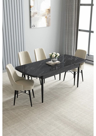 Zümra Serisi, Siyah Mermer Desen 80x132 Açılabilir Mdf Mutfak Masası Takımı 4 Adet Sandalye, Krem