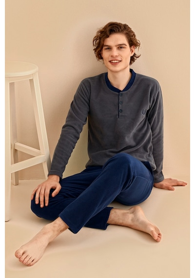 Nisanca Kışlık Erkek Polar Pijama Takımı Füme