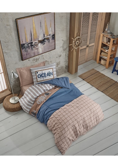 Cotton Box Genç Odası Tek Kişilik Lastikli Çarşaflı Nevresim Takımı Ocean Lacivert