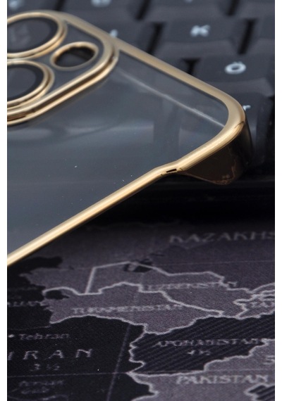 Apple Uyumlu iPhone 13 Uyumlu Altın Sarı Gold Renkli İnce Kenarlı Şeffaf Sert Kapak Kılıf Sarı -