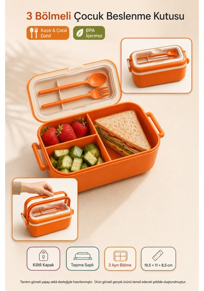Turuncu 3 Bölmeli Çocuk Beslenme Kutusu Kaşık Çatal Dahil Kilitli Kapaklı Taşıma Saplı Lunch Box Diğer