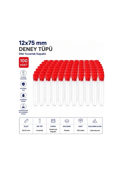 12x75 Mm Deney Tüpü Dibi Yuvarlak Kapaklı 100 Adet