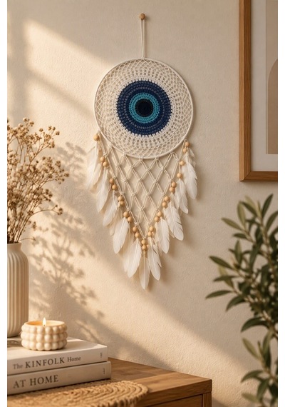 Nazar Motifli Düş Kapanı Rüya Kapanı Dream Catcher Beyaz Tüylü Bohem Duvar Süsü Bohem El Yapımı Düş Kapanı 53035216
