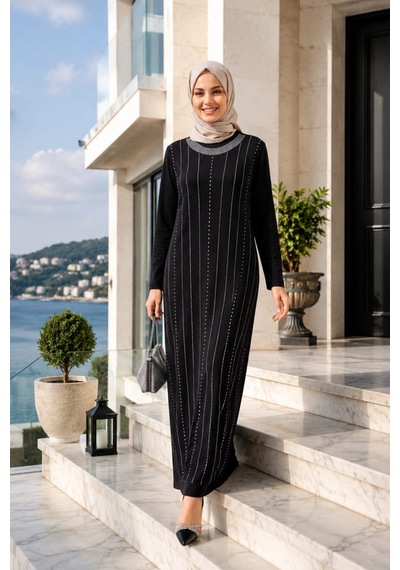 Hb Harma Time Butik Kadın Taş İşlemeli Kristal Kumaş Uzun Tesettür Siyah Elbise