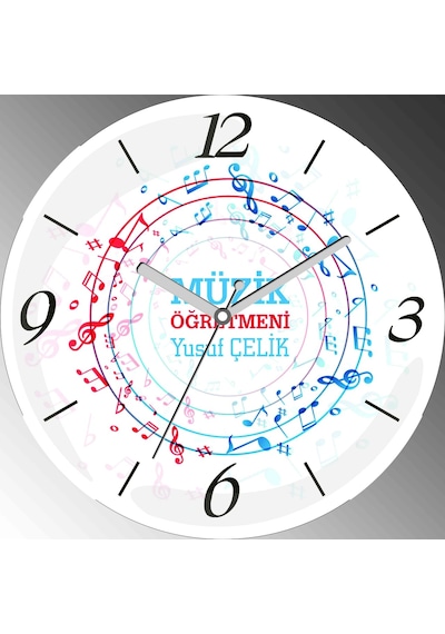 Kişiye Özel Notalar Müzik Öğretmeni Çap 30cm Sessiz Akar Bombeli Gerçek Cam Duvar Saati Çok Renkli
