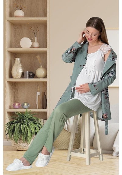 Mecit Pijama Mecit 5804 Bayan Hamile Lohusa Elisa Yeşil Sabahlık Pijama Takımı 001