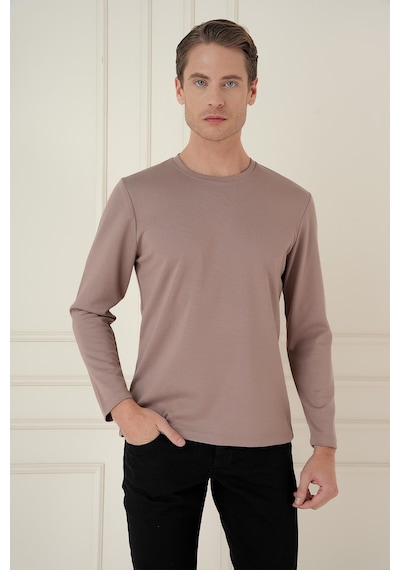Efor Comfort Fit Bisiklet Yaka Uzun Kol Casual Vizon Tişört Ts 892 Vizon