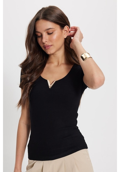 Tudors Kadın Slim Fit Dar Kesim Pamuklu V Yaka Kısa Kollu Siyah Bluz-50781