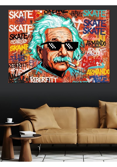 Ahşap Tablo Renkli Grafiti Tarzında Einstein Portresi