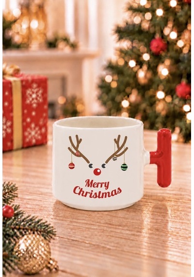 Mesela Yılbaşı Kupası Merry Christmas Desenli Kırmızı Kulplu Hediyelik Kahve T Kupa Bardak Beyaz