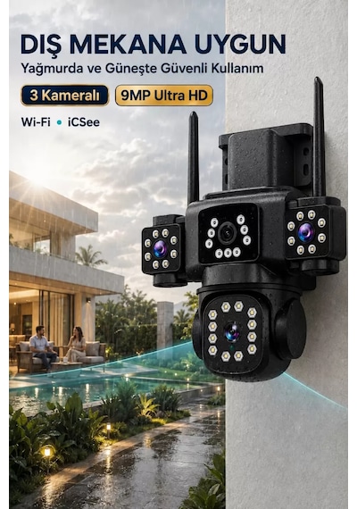 İcsee 9002 9mp 3 Lens Wifi Güvenlik Kamerası, Motorlu Gece Görüşlü Dış Mekan Kamera, 32gb Kart Ve Adaptör