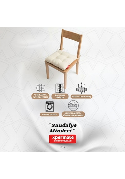 Pofuduk Sandalye Minderi Bağcıklı 40x40 Cm Yıkanabilir Dekoratif Mutfak Bahçe Piknik Minderi Krem