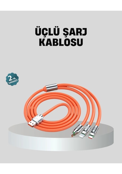 Üçlü Şarj Kablosu Yüksek Hızlı, Dayanıklı Ve Uzun Ömürlü Turuncu