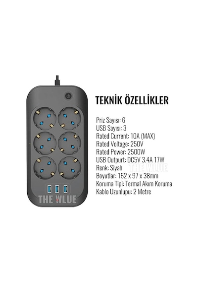 Çoklu 6'lı Priz Akım Korumalı 3xusb 3.4a 2500 Watt 2 Metre Uzatma Diğer