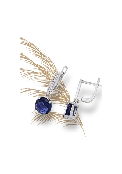 Brezza Lusso Jewelry Safir Taşlı Tektaş Pırlanta Sallantılı Kadın Gümüş Küpe 9 Mm