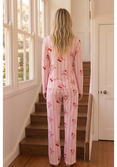 Siyah İnci Desenli Termal Kumaşlı Ultra Soft Yumuşak Örme Pijama Takımı 26226909 Pembe
