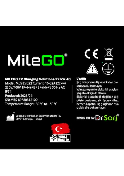 Milego 22kw Şarj İstasyonu 10 Metre Kablolu Set Mobil Taşınabilir Elektrikli Araç Şarj Ünitesi 22 KW
