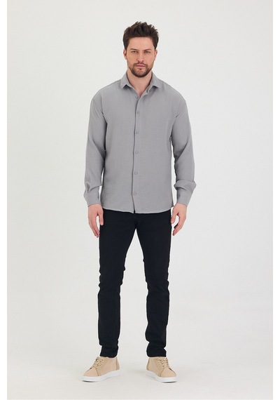 Cool Tarz Erkek Slim Fit Dar Kalıp Uzun Kol Pamuklu Keten Efekt Gömlek Gri Gri