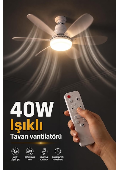 Coverzone 40w Tavan Tipi Fan Uzaktan Kumandalı Led Aydınlatmalı 52 Cm Pervane 3 Kademeli Hız Ayarlı Beyaz Doğal S Diğer