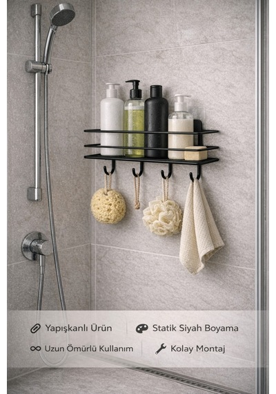 Alper Banyo Siyah Yapışkanlı 4 Kancalı Banyo Rafı Ve Havlu Askısı