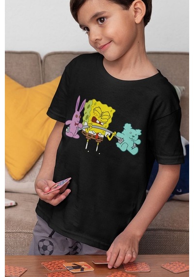 Sevbano Unisex Sporcu Süngerbob Baskılı Çizgi Film Çocuk Tişört 1-12 Yaş Siyah