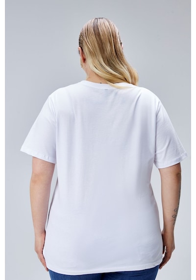 Banega Curve Büyük Beden Beyaz Boyfriend Bisiklet Yaka Yırtmaçlı Pamuk Örme T-shirt Beyaz