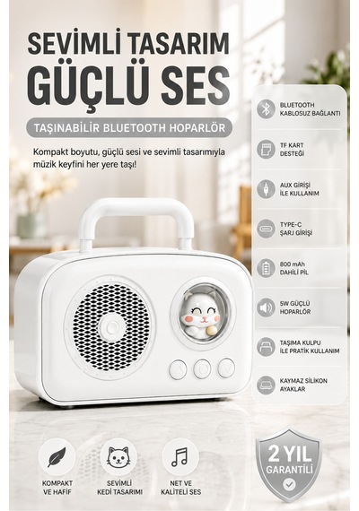 Taşınabilir Özel Tasarım Güçlü Ses 5w Kedi Figürlü Bluetooth, Aux, Tf Kart Destekli Hoparlör