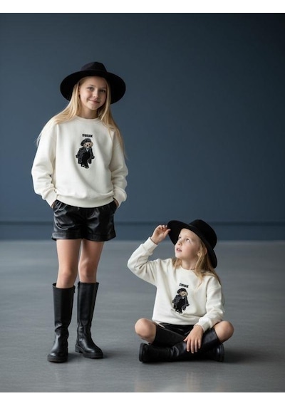 Kız Çocuk İki İplik Ayıcık Nakışlı Tasarım Sweatshirt-16467 Ekru