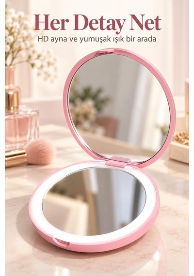 Torima Led Işıklı Type-c Şarjlı Makyaj Aynası Çift Taraflı Hd Mini Ayna Tmr01 Pembe