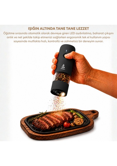 Pizen Windmill Usb Şarjlı Otomatik Baharat Öğütücü Led Işıklı Ayarlanabilir Tuz Karabiber Değirmeni Siyah