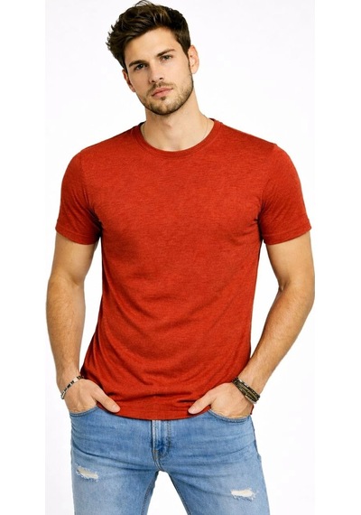 Erkek Flam Kumaş Melanj Dokulu Regular Fit Tişört Bisiklet Yaka Yazlık T-shirt - Kiremit