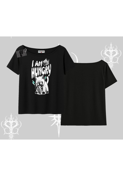 Startmore Startmore Am Hungry Kedi Baskılı Kayık Yaka Tshirt Siyah
