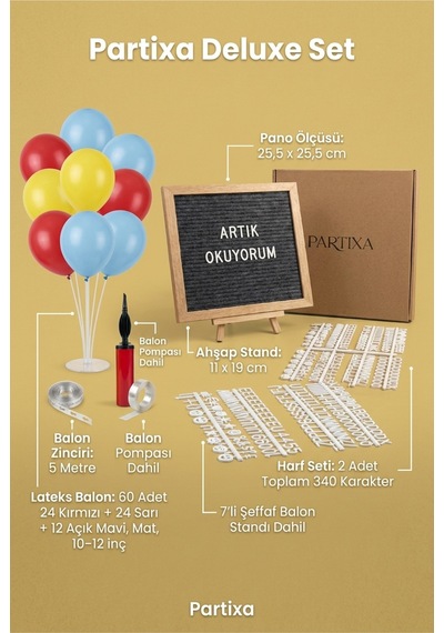 Okuma Bayramı Süsleme Deluxe Set Koyu Gri Keçe Yazı Panosu Standlı Balon Zincirli 7li Şeffaf Balon Standlı Artık Okuyorum Seti 3+ Yaş
