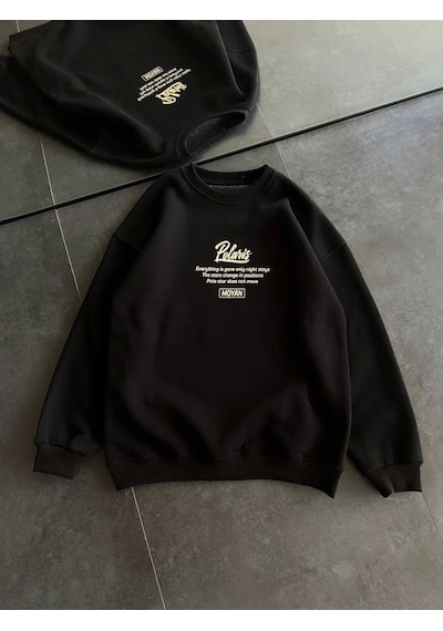 Etiler Collection Kışlık Bisiklet Yaka Ön Ve Arka Baskılı Sweatshirt - Siyah