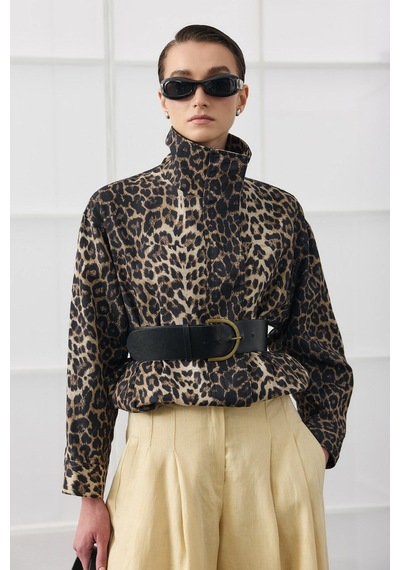 Molene Leopar Desenli Dik Yaka Bomber Ceket