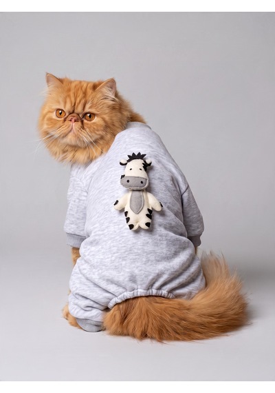 Moo Moo Cozy Kedi Tulumu Gri Melanj Kalın Penye Kedi Kıyafeti