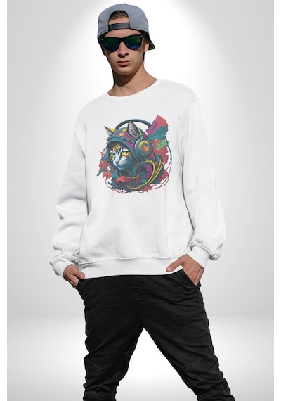 Kulaklık Kedi Müzik Tekir Unisex Beyaz Baskılı Sweatshirt Beyaz