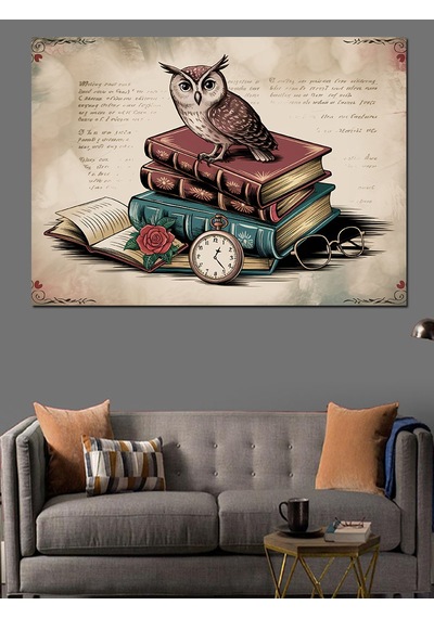Kitap Üstünde Bilge Baykuş Dekoratif Kanvas - Mdf Ahşap Tablo