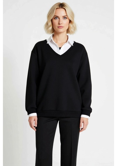 Benerly Kadın Polo Yaka Standart Kol Düz Desen Sweatshirt Fonksiyonel Day siyah