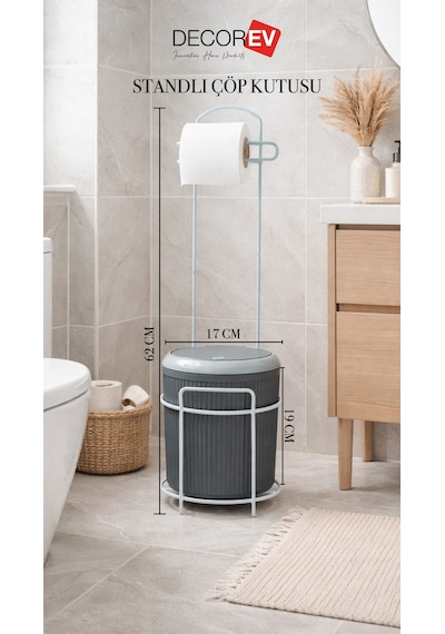 Decorev Modern Click Kapaklı 5 Lt Banyo Kovası Ve Tuvalet Kağıtlığı 2 Si 1 Arada Şık Tasarım Gri