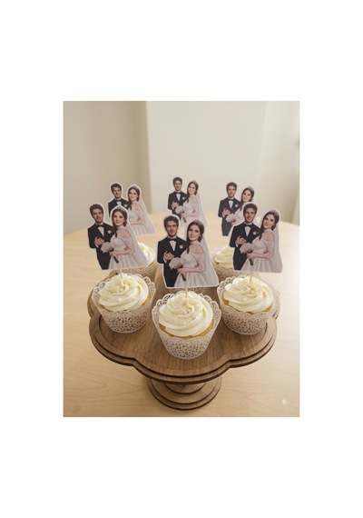 12 Li Kişiye Özel Tasarım Fotoğraflı Gelin Damat Cupcake Kürdan Süsü