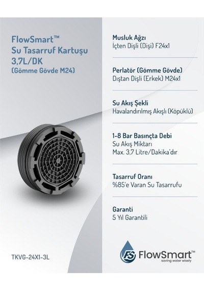 Flowsmart Gömme Su Tasarruflu Aeratör 3,7 L/dk. Øm24 %85 E Varan Su Tasarrufu