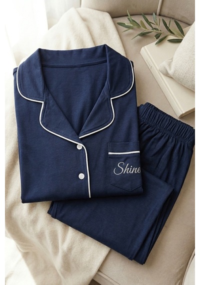 Aura Collections Kadın Lacivert Pamuklu Boydan Düğmeli Gömlek Yaka Uzun Kol Pijama Takımı