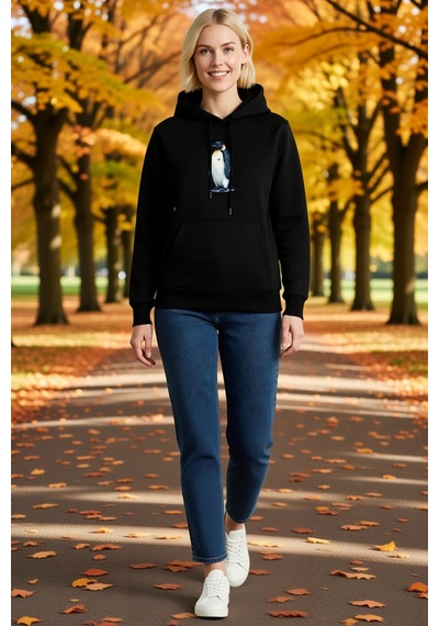 Ersefa Oversize Hoodie Fotoğraf Baskılı Penguen Temalı Felsefi Yazılı Ka siyah
