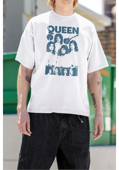 Queen Temalı Baskılı Unisex Tişört, Oversize Müzik Grubu Baskılı Beyaz