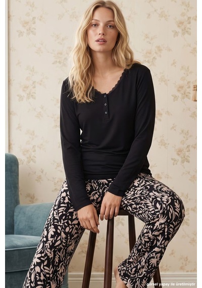 Siyah İnci Siyah Desenli Düğmeli Dantelli Viskon Örme Pijama Takım 26224677